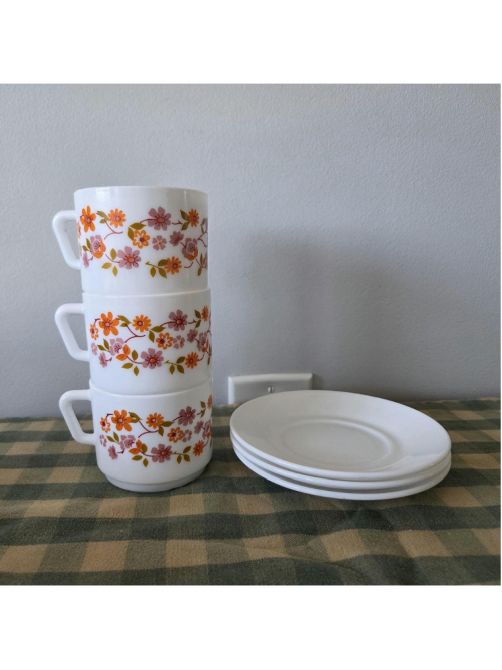 Vintage Arcopal France Floral Coffee Cups and Saucers Set of 3 | Retro Milk Glas